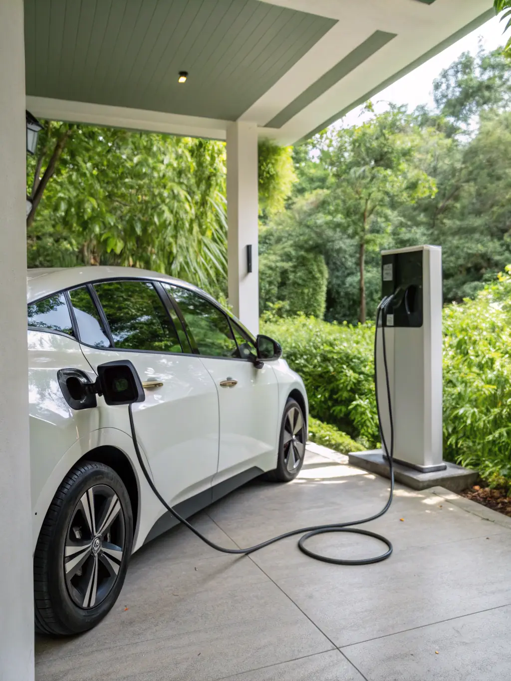 A white Nissan Note e-Power, pictured with its charging port visible, emphasizing its electric drive technology and eco-friendly features.
