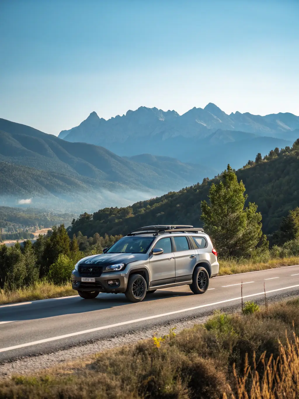 A blue Subaru Forester SUV, shown on a scenic mountain road in Cyprus, demonstrating its all-wheel-drive capability and suitability for diverse terrains.